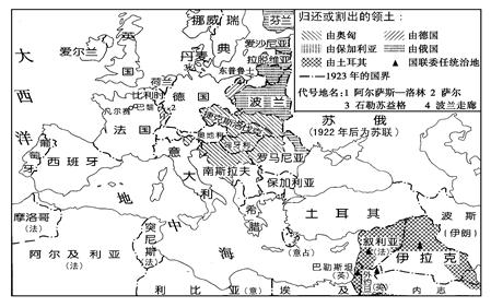 下图是反映第一次世界大战后欧洲领土变化的地图,从中