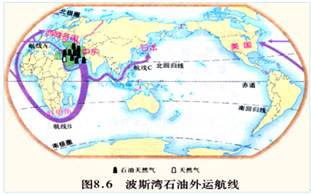 读波斯湾石油外运航线图,完成以下各问:(8分)