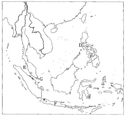 下图是"东南亚地区山河分布,海陆分布略图",读后完成下列要求:(6分)