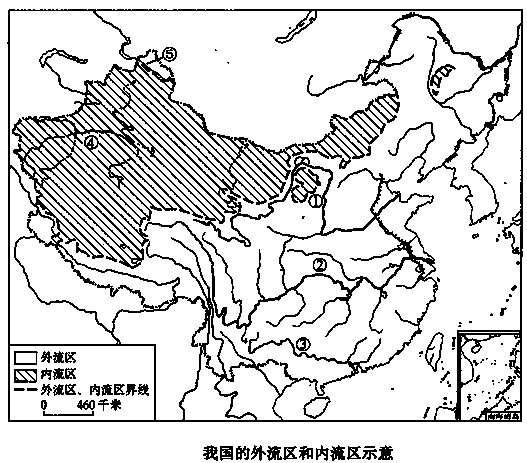 读"我国外流区和内流区示意图"完成下列问题.