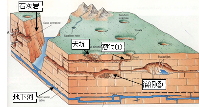 【题文】读喀斯特地貌示意图,其中"天坑"是一种分布在喀斯特地区的