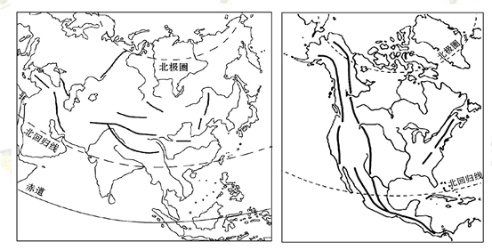读"亚洲地区"和"北美洲地区"图,回答下列问题.(10分,每空1分)