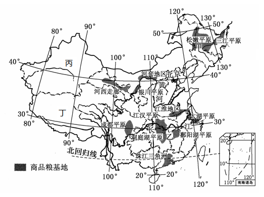 材料1:下面是我国目前部分商品粮基地分布示意图.