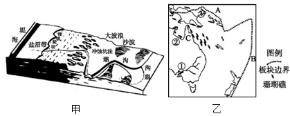 图甲为某种海岸地貌结构示意图,图乙为南半球部分海陆