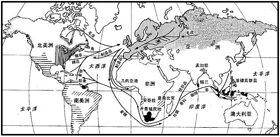 读下面某时期世界贸易图,从中可以看出A.