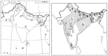 下图是"印度及其邻国相互位置略图"和"印度主要农作物分布图".
