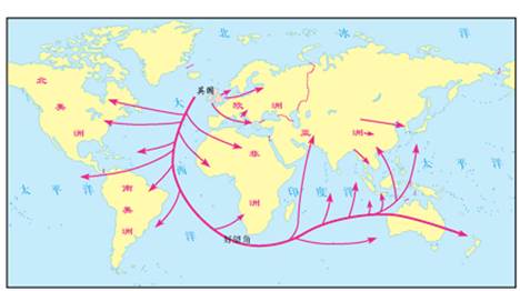 材料二  新航路的开辟示意图