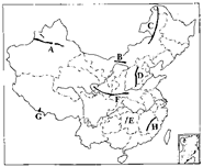 的山脉,在图中用数字①和②标出江西省和安徽省所在位置并写出简称