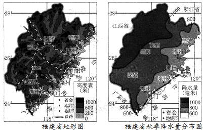读福建省地形图(左图)和福建省秋季降水量分布图(右图