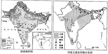 材料一:南亚地形图和印度主要农作物分布图.