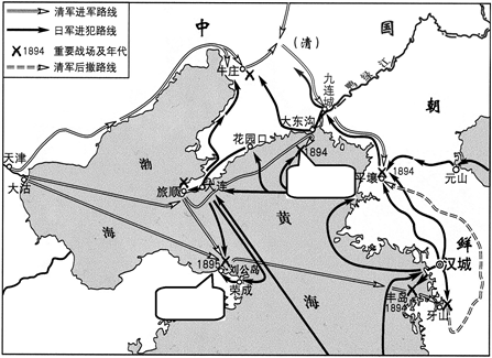 甲午战争的背景,经过  【推荐3】(1)下图为《甲午中日战争形势示意图