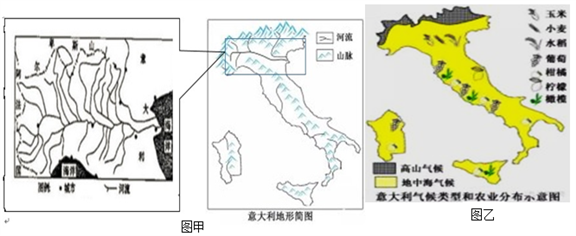 图甲为意大利地形简图及波河流域水系图，图乙为意大利气候及农作物分布示意图。结合所学知识回答下列问题。