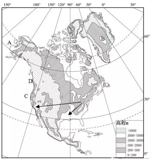 【题文】下图为北美洲地形图,读图回答下列问题.