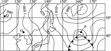 【题文】读世界某区域某日海平面等压线(单位:百帕)分布图,回答下列