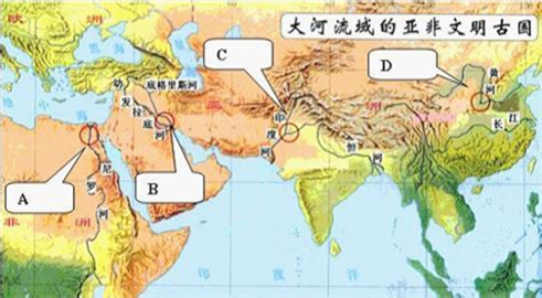 图中字母所指代的文明古国中,拥有金字塔和狮身人面像