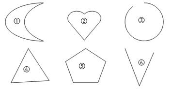 在上面的6个图形中, (                 )是封闭图形,请你用水彩笔描