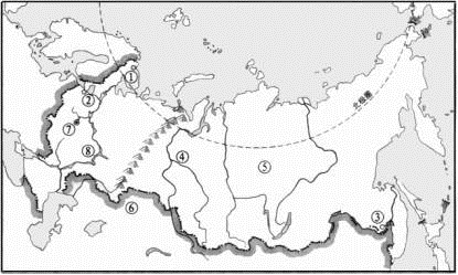 下图是"俄罗斯城市,河流,地形分布略图",填图并回答下列问题.