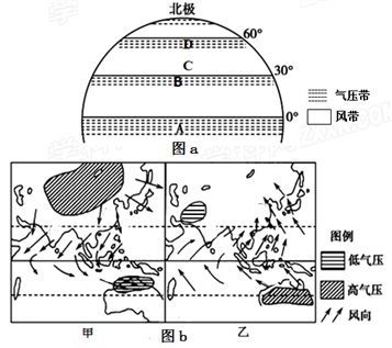 读"全球部分地区气压带,风带分布图"和"亚洲季风图",回答下列问题.