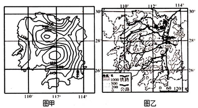 材料一湖南省年降水量等值线分布图(图甲)和湖南省等高线地形图(图乙)