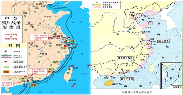 如下图所示为《中英鸦片战争形势图》和《早期对外开放地区示意图》