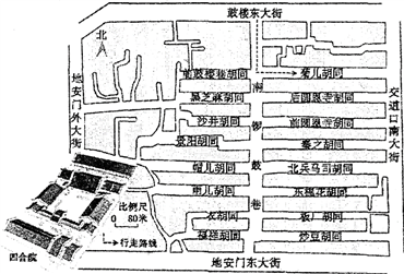 下图为南锣鼓巷街区及四合院示意图.读图回答下题. a.从南锣鼓巷南口