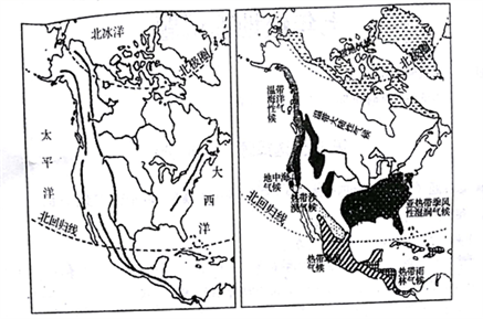 下面左图是北美洲地形图,右图是北美洲气候类型分布图.