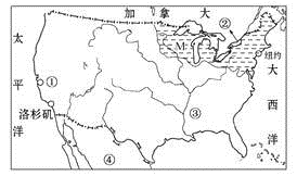 读美国简图,关于图中的地理事物,正确的是