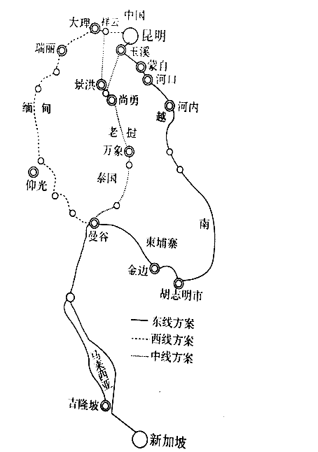 下图示意的是泛亚铁路规划图,中泰间高铁系泛亚铁路的一部分,起点终点