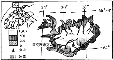 读冰岛位置,地形示意图,分析回答