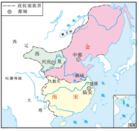 观察下面的《金,南宋对峙形势图》,对图中政权相关信息解读不正确的是