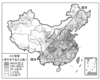 材料二 中国的人口密度分布示意图