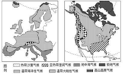 读"欧洲西部和北美地区气候类型分布图",回答下列问题.