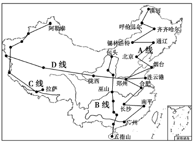 读中国四条秋色路线"a-东线"b-中线"c一西线"d-北纬35°线.