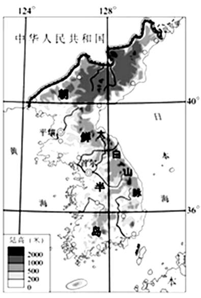 图示意朝鲜半岛地形,读图完成下列各题