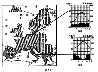 读欧洲西部气候分布图及汉堡、罗马气温曲线