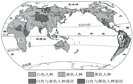 (题文)读"世界人种分布图",完成小题.