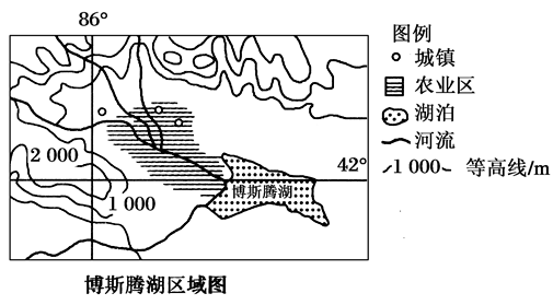 下图为博斯腾湖区域图,博斯腾湖是中国最大的内陆淡水