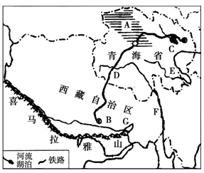 (2)图中e,f,g三条河流,表示雅鲁藏布江的是     . (3)青藏地区的代表