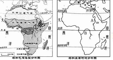 读"非洲气候类型分布图" 和"非洲主要河流分布图",回答问题.