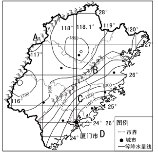 (1)由图可知,福建年降水量的分布规律是 ,此规律的形成和a 山脉,b