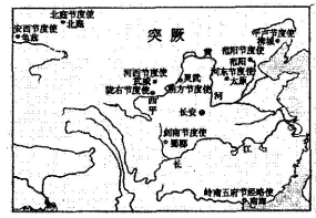 唐玄宗天宝初年,设置十节度使,节制边疆军事力量(其分布见下图),由