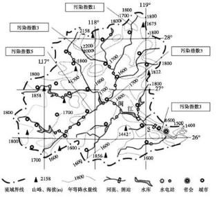材料一 下图为我国闽江流域水系,城市,水电站,各河段污染指数(污染