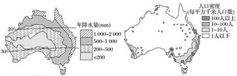 右图为澳大利亚人口分布图,下图为澳大利亚农牧业分布图