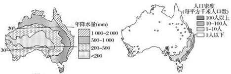 左图为澳大利亚年降水量分布图右图为澳大利亚人口分布图下图为