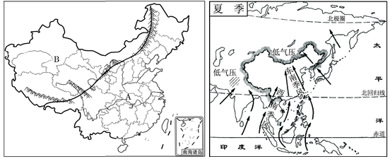 读"我国季风区和非季风区分界线图"和"夏季风示意图",完成下列问题.