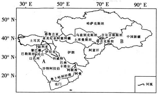 读中国新疆及中亚,西亚地区简图,完成下列要求.