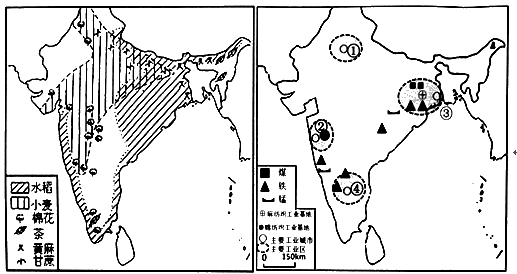 印度的社会经济状况 (2)右图中城市②周围盛产棉花,因此发展成了印度