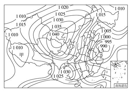 读我国某时刻近地面等压线图(单位:百帕),回答问题.