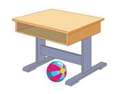 the ball (球) is ________ the desk.