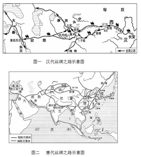 材料一 汉唐丝绸之路示意图